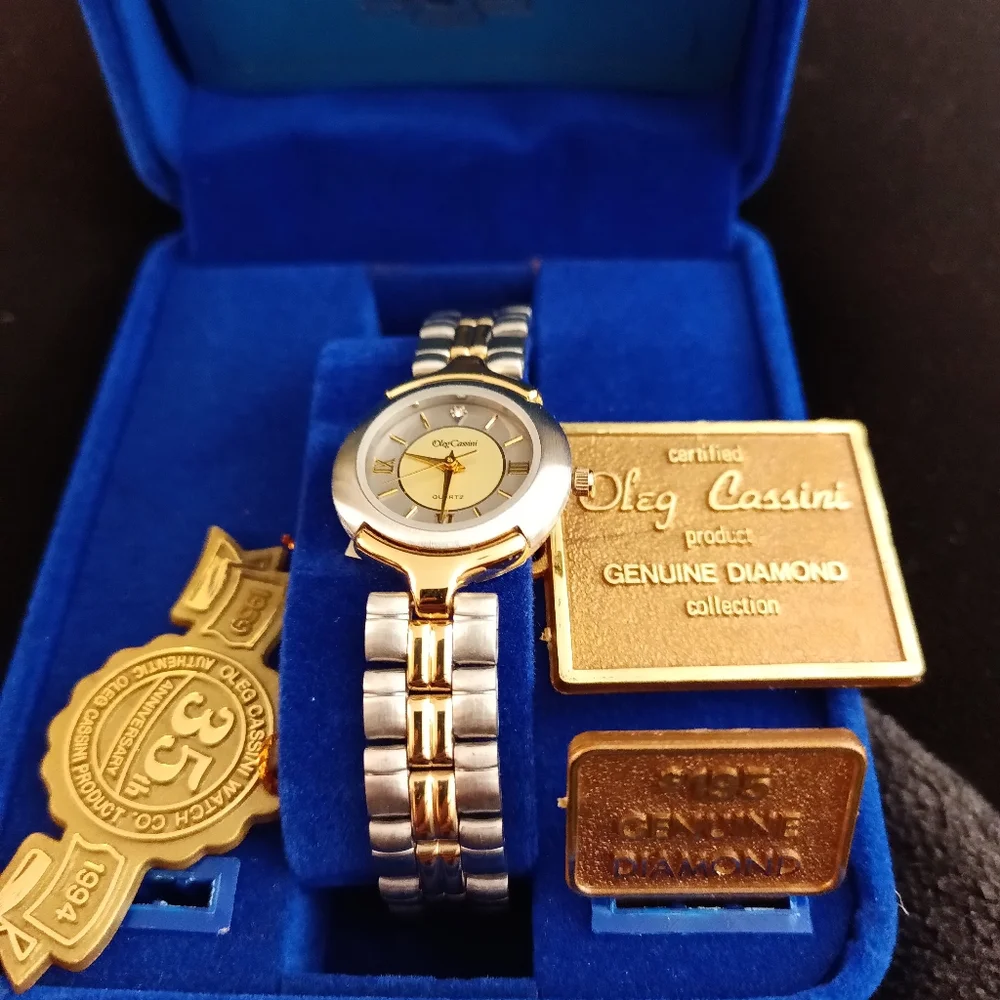 Oleg Cassini Vintage NIB genuine diamond watch two toned gold and silver